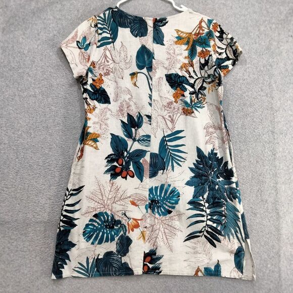 Yuguoguo Tshirt Mini Dress Womens Sz L Tan Teal Leaf Floral Print Short Sleeve - Picture 8 of 12